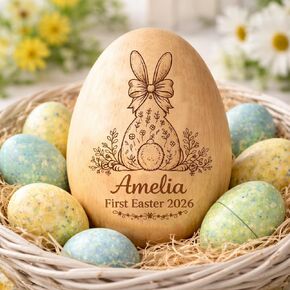 Personalized Wooden Easter Egg – Custom Engraved Bunny Name Egg, Baby First Easter Keepsake Gift, Rustic Wood Bunny Decor, Cute Basket Stuffer for Kids, Spring Holiday Gift for Baby Boy Girl in Kuwait