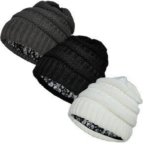 3 Pcs Satin Lined Beanie Hats for Women, Slouchy Winter Skull Cap with Paisley Pattern Silk Lining Cable Knit Snow Hat in Kuwait