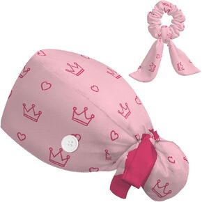 Scrub Caps Women Ponytail, Adjustable Surgical Caps with Buttons and Sweatband, Bouffant Hat with Hair Scrunchy, Nurse Hat, Working Cap, Princess Crown Print Pink Kawaii Cartoon Lovely Cute in Saudi Arabia