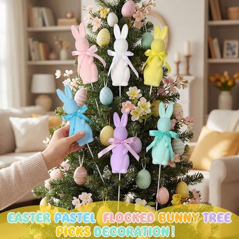 Kathfly 6 Pcs Large Easter Flocked Bunny Decoration 12 Inch Easter Pastel Flocked Bunny Tree Picks Flocking Rabbit Floral Picks Rabbit Ornament for Tree Topper Farmhouse Party Decor Home in Saudi Arabia
