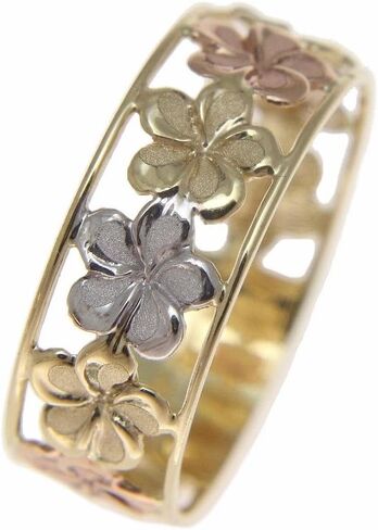 Arthur's Jewelry 14K solid tricolor yellow white rose gold Hawaiian plumeria flower lei ring 6.5mm size 4 to 10 in Kuwait