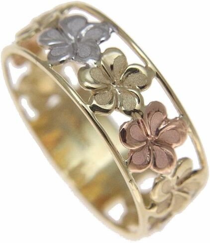 Arthur's Jewelry 14K solid tricolor yellow white rose gold Hawaiian plumeria flower lei ring 6.5mm size 4 to 10 in Kuwait