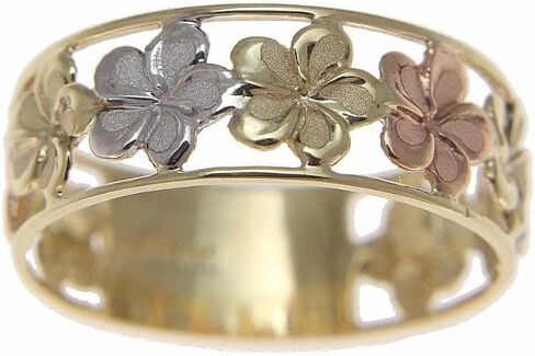 Arthur's Jewelry 14K solid tricolor yellow white rose gold Hawaiian plumeria flower lei ring 6.5mm size 4 to 10 in Kuwait