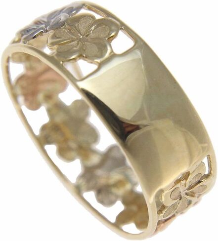 Arthur's Jewelry 14K solid tricolor yellow white rose gold Hawaiian plumeria flower lei ring 6.5mm size 4 to 10 in Kuwait