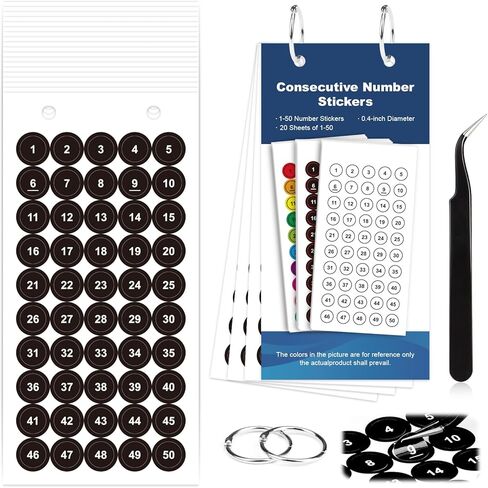 1000 Pcs Consecutive Number Stickers 1-50 20 Sheets 0.4 inch White Small Round Numbered Stickers Self-Adhesive with Blue Hardcover Silver Ring Curved Pointed Tweezers Number Labels in Saudi Arabia