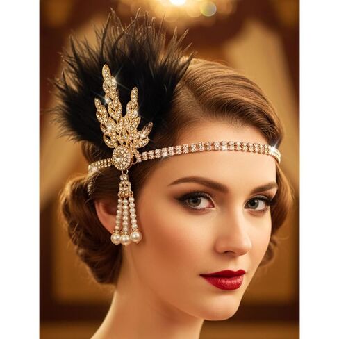 Aukmla 1920s Flapper Feather Headband Leaf Rhinestones Headpiece Pearl Roaring 20s Headdress Hair Accessories for Women (Black Gold, One Size) in Saudi Arabia