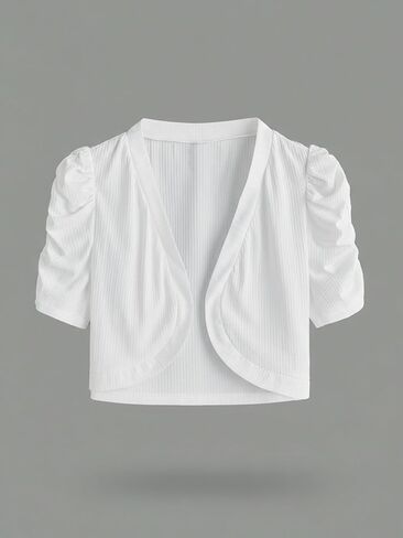 Women's Plus Size Ruched Open Front Cropped Cardigan Puff Short Sleeve Bolero Shrugs in Saudi Arabia