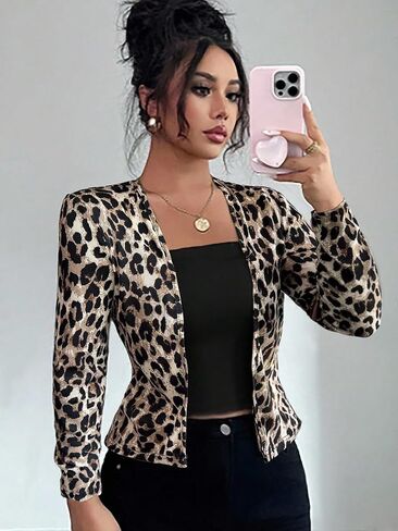 سترة نسائية محبوكة بأكمام طويلة للخريف والشتاء مفتوحة من الأمام بطباعة الفهد، معطف صوف خارجي in Saudi Arabia