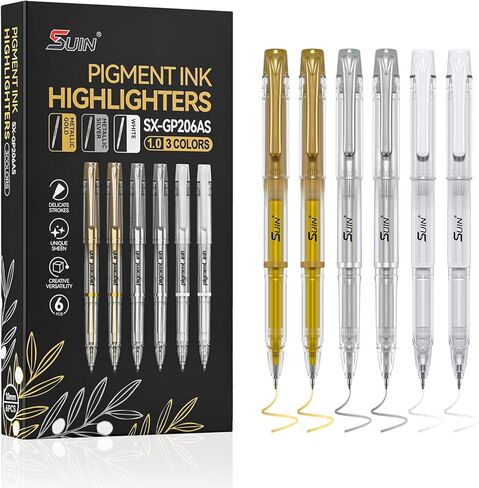 مجموعة أقلام جل معدنية من SUIN مكونة من 3 قطع، أقلام تظليل بالحبر غير الشفاف باللون الذهبي والفضي الأبيض للورق الأسود، وعلامات فنية مغطاة بقطر 1.0 ملم للتلوين للبالغين وصنع البطاقات والتوضيح in Kuwait