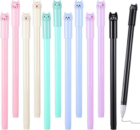 TIESOME 12Pcs Kawaii Cat Pens, 0.5mm Black Ink Cute Cat Style Gel Pens Stationary Supplies for Cat Lovers Women Kids School and Office Use in Kuwait