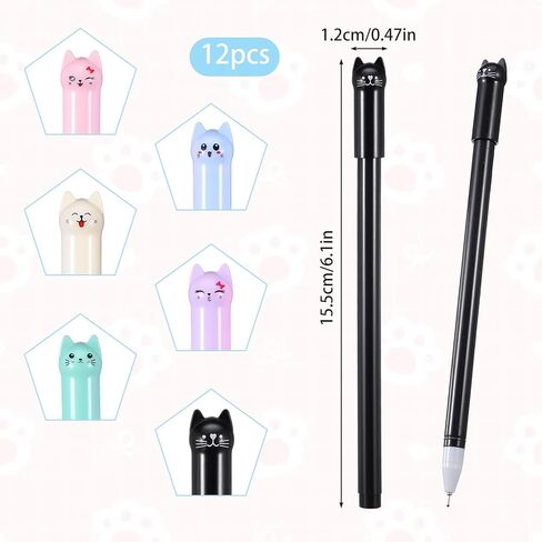 TIESOME 12Pcs Kawaii Cat Pens, 0.5mm Black Ink Cute Cat Style Gel Pens Stationary Supplies for Cat Lovers Women Kids School and Office Use in Kuwait