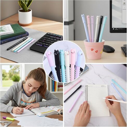 TIESOME 12Pcs Kawaii Cat Pens, 0.5mm Black Ink Cute Cat Style Gel Pens Stationary Supplies for Cat Lovers Women Kids School and Office Use in Kuwait
