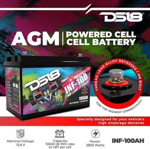 DS18 INF-100AH ​​2800 واط AGM خلية طاقة 12 فولت بطارية M6 بولت صيانة مجانية - أداء عالي لصوت السيارة، رياضة السيارات، الدراجات النارية، جت سكي، ATV وUTV in Saudi Arabia