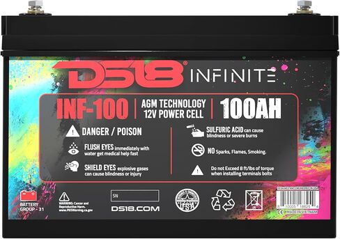 DS18 INF-100AH ​​2800 واط AGM خلية طاقة 12 فولت بطارية M6 بولت صيانة مجانية - أداء عالي لصوت السيارة، رياضة السيارات، الدراجات النارية، جت سكي، ATV وUTV in Saudi Arabia