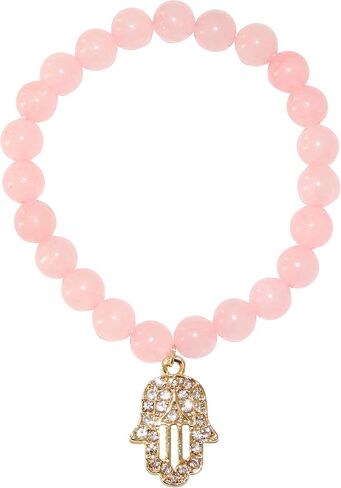 T. VICTORIA - Pink Rose Quartz Gold Rhinestone Hamsa Charm Beaded Gemstone Bracelet 7" in Saudi Arabia