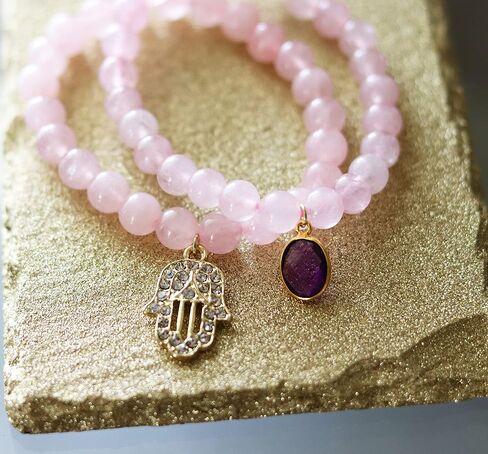 T. VICTORIA - Pink Rose Quartz Gold Rhinestone Hamsa Charm Beaded Gemstone Bracelet 7" in Saudi Arabia