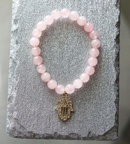 T. VICTORIA - Pink Rose Quartz Gold Rhinestone Hamsa Charm Beaded Gemstone Bracelet 7" in Saudi Arabia