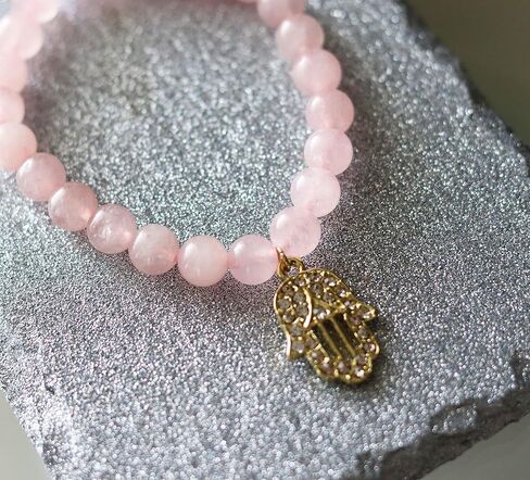 T. VICTORIA - Pink Rose Quartz Gold Rhinestone Hamsa Charm Beaded Gemstone Bracelet 7" in Saudi Arabia