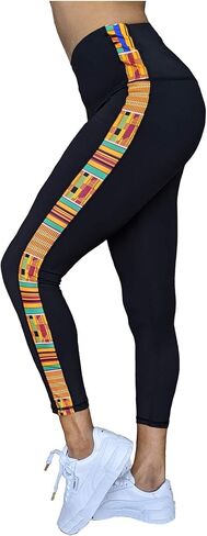 Dupsie's Washoge Accrah Women's High Waist Yoga Tights/Pants Workout Leggings with Kente African Print Strip (XS-2X) in Kuwait