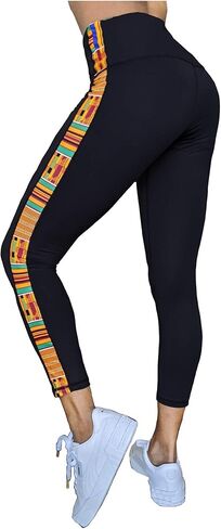 سروال ضيق لليوجا عالي الخصر للنساء من Dupsie's Washoge Accrah مع شريط طباعة أفريقي Kente (XS-2X) in Kuwait