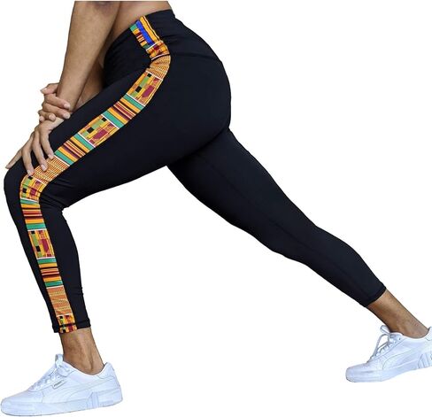 سروال ضيق لليوجا عالي الخصر للنساء من Dupsie's Washoge Accrah مع شريط طباعة أفريقي Kente (XS-2X) in Kuwait