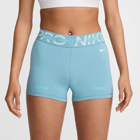Nike Pro Women's Mid-Rise 3" Graphic Biker Shorts (Denim Turquoise/Glacier Blue/Green Frost/White, FV7838-464) Size X-Large in Saudi Arabia