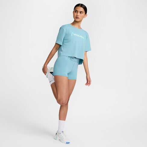 Nike Pro Women's Mid-Rise 3" Graphic Biker Shorts (Denim Turquoise/Glacier Blue/Green Frost/White, FV7838-464) Size X-Large in Saudi Arabia