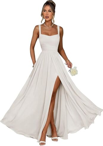 Bridesmaid Dresses for Women Chiffon V-Neck Ruffle Strapless Backless Evening Dresses with Slit in Saudi Arabia