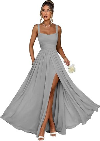 Bridesmaid Dresses for Women Chiffon V-Neck Ruffle Strapless Backless Evening Dresses with Slit in Saudi Arabia