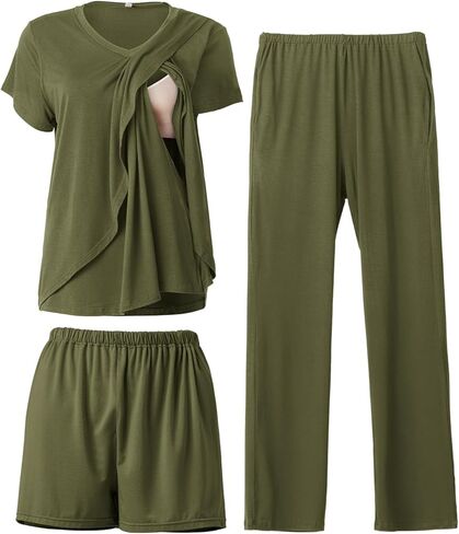 Rnxrbb V Neck Nursing Pajamas Set Postpartum Pajama Maternity Breastfeeding Pjs for Women 3 Pack Double Layer with Pockets in Kuwait