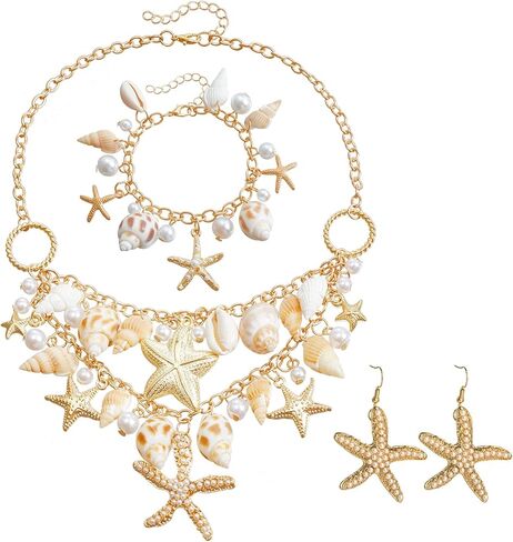 مجموعة مجوهرات حورية البحر تحتوي على قلادة وسوار وأقراط من اللؤلؤ المقلد على شكل محارة نجم البحر مناسبة للنساء مجوهرات الشاطئ والسفر والشاطئ in Kuwait