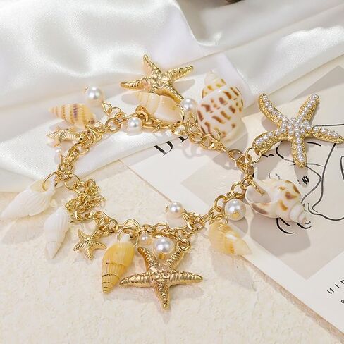 مجموعة مجوهرات حورية البحر تحتوي على قلادة وسوار وأقراط من اللؤلؤ المقلد على شكل محارة نجم البحر مناسبة للنساء مجوهرات الشاطئ والسفر والشاطئ in Kuwait