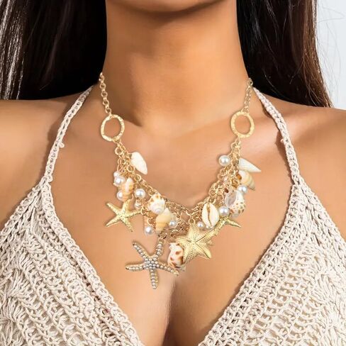 مجموعة مجوهرات حورية البحر تحتوي على قلادة وسوار وأقراط من اللؤلؤ المقلد على شكل محارة نجم البحر مناسبة للنساء مجوهرات الشاطئ والسفر والشاطئ in Kuwait