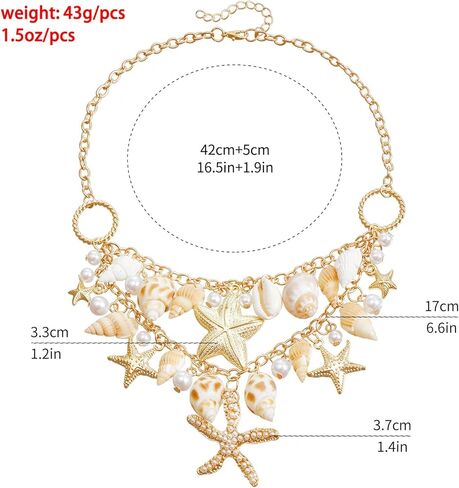 مجموعة مجوهرات حورية البحر تحتوي على قلادة وسوار وأقراط من اللؤلؤ المقلد على شكل محارة نجم البحر مناسبة للنساء مجوهرات الشاطئ والسفر والشاطئ in Kuwait
