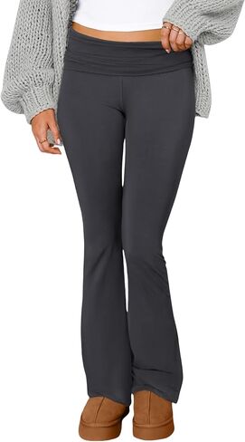 سروال يوجا قابل للطي للنساء منخفض الارتفاع قابل للتمدد من أسفل الجرس للفتيات المراهقات بنطال رياضي لطيف واسع الساق للاستراحة in Kuwait