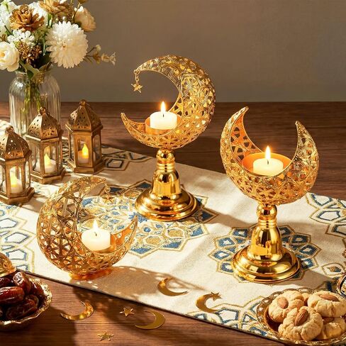 Yungyan 3 Pcs Ramadan Candlestick Holder Eid Mubarak Metal Moon Shape Tealight Candle Holder Ramadan Candle Stand Table Centerpieces for Islamic Party Wedding Festival Gift Decor in Saudi Arabia