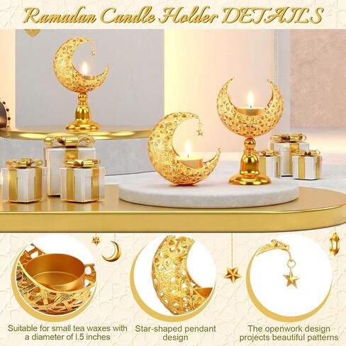 Yungyan 3 Pcs Ramadan Candlestick Holder Eid Mubarak Metal Moon Shape Tealight Candle Holder Ramadan Candle Stand Table Centerpieces for Islamic Party Wedding Festival Gift Decor in Saudi Arabia