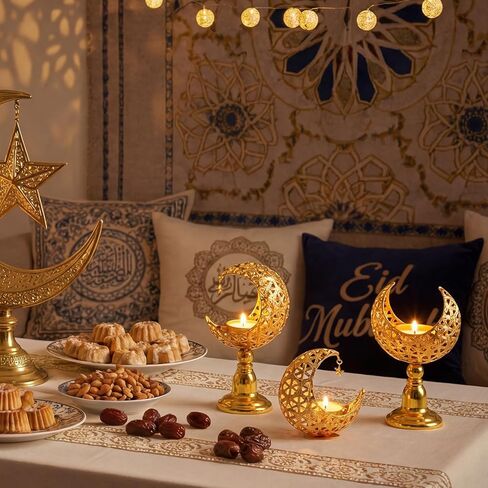 Yungyan 3 Pcs Ramadan Candlestick Holder Eid Mubarak Metal Moon Shape Tealight Candle Holder Ramadan Candle Stand Table Centerpieces for Islamic Party Wedding Festival Gift Decor in Saudi Arabia