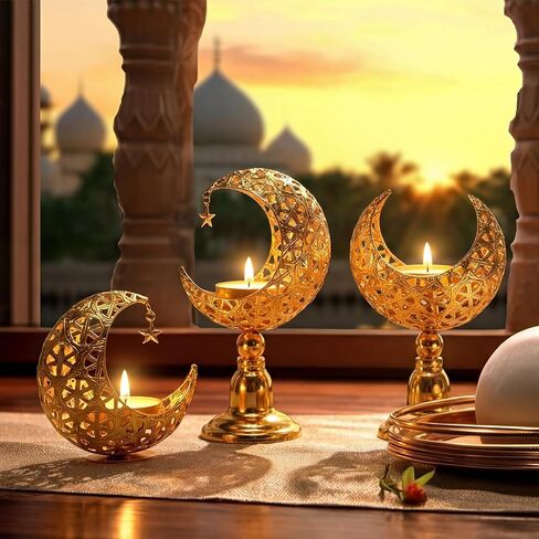Yungyan 3 Pcs Ramadan Candlestick Holder Eid Mubarak Metal Moon Shape Tealight Candle Holder Ramadan Candle Stand Table Centerpieces for Islamic Party Wedding Festival Gift Decor in Saudi Arabia