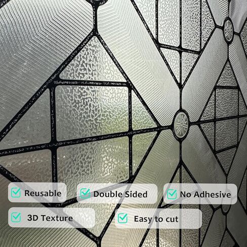 Original Hand-Drawn Leaded Glass Window Privacy Film for Bathroom, 16.93"x84.65", Chapel Frame in Kuwait