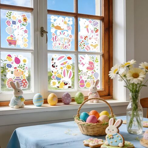 9 Sheets Easter Window Clings for Glass Windows, Cute Eggs Bunny Flower Window Stickers Decal for Home Office School Spring Decoration (Easter) in Kuwait