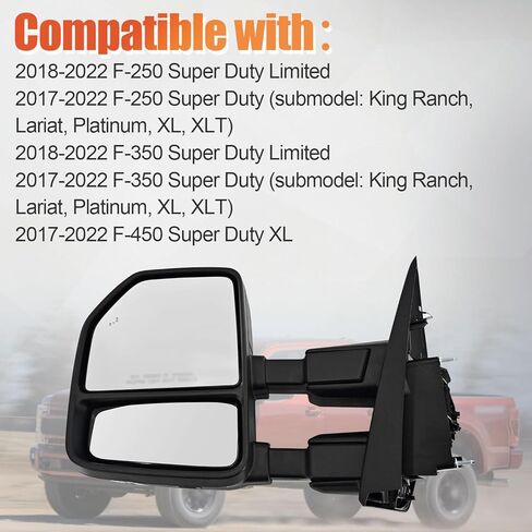 Left Driver Side Tow Mirror Compatible with Ford F250 F350 F450 2017-2022 W/Blind Spot Detection Support Power Glass Power Heated with Turn Signal Light & Puddle Light Manual Folding in Kuwait