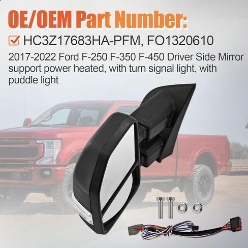 Left Driver Side Tow Mirror Compatible with Ford F250 F350 F450 2017-2022 W/Blind Spot Detection Support Power Glass Power Heated with Turn Signal Light & Puddle Light Manual Folding in Kuwait
