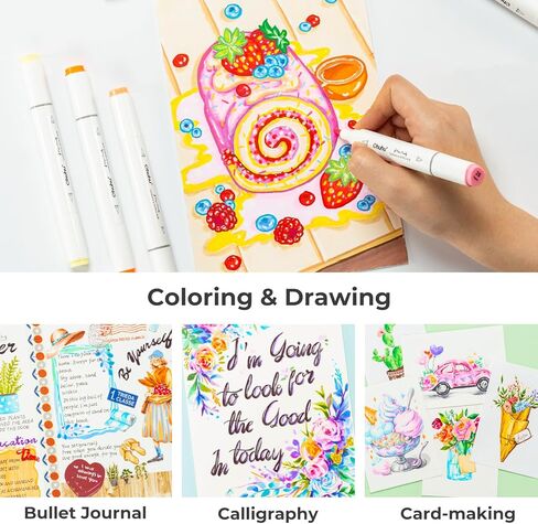 Ohuhu Markers Paper-friendly Water-based Coloring Markers 60 Colors Dual Brush Fine Tips Markers for Adult Coloring Books No Bleeding Art Markers for Kids Adults Beginner Calligraphy Sketch Journal in Kuwait