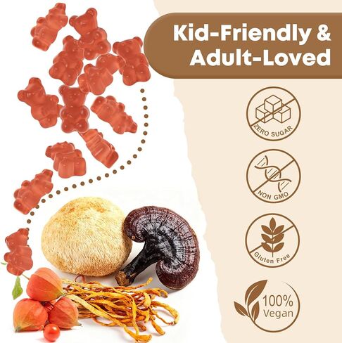 Mushroom Gummies Supplement - Ashwagandha & Lion Mane Mushroom Supplement for Adults Kids with Reishi Cordyceps Brain Supplements for Memory and Focus Organic Vegan Non GMO Mixed Fruit Flavor 60CT in Kuwait