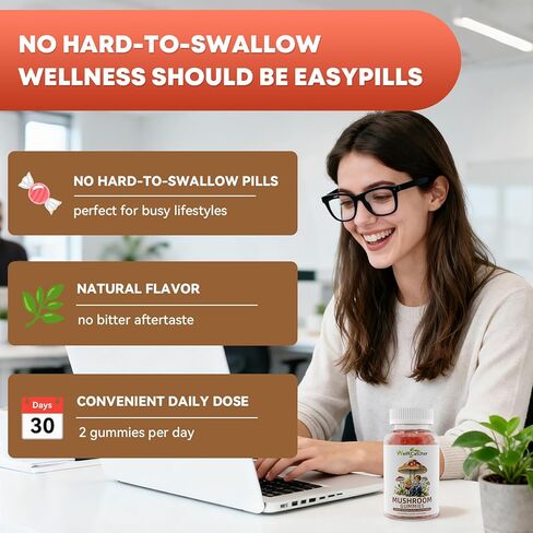 Mushroom Gummies Supplement - Ashwagandha & Lion Mane Mushroom Supplement for Adults Kids with Reishi Cordyceps Brain Supplements for Memory and Focus Organic Vegan Non GMO Mixed Fruit Flavor 60CT in Kuwait