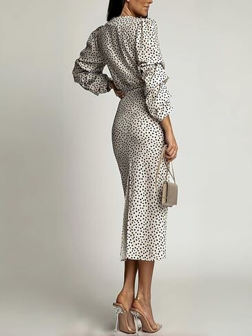 Women's Classy Polka Dot Puff Long Sleeve Maxi Dresses Elegant Party Cocktail Formal Bodycon Long Dress in Saudi Arabia