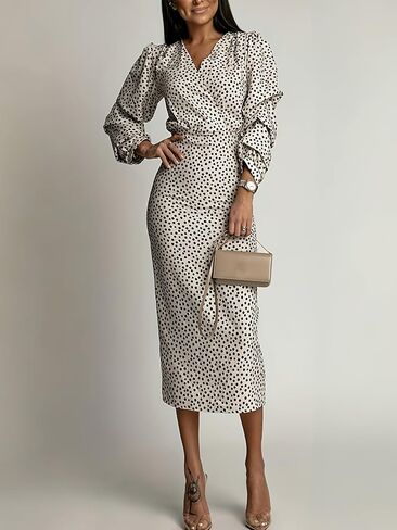 Women's Classy Polka Dot Puff Long Sleeve Maxi Dresses Elegant Party Cocktail Formal Bodycon Long Dress in Saudi Arabia