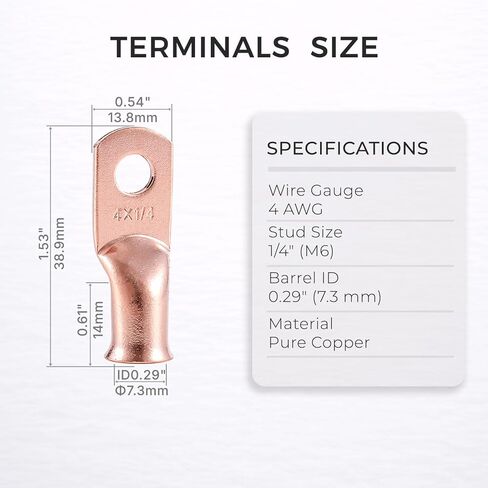 RIOCAN 10 قطع 4 AWG-1/4 بوصة (M6) أطراف حلقية 4 عروات بطارية قياس أطراف كابل البطارية عروات سلكية شديدة التحمل موصل كابل البطارية عروات نحاسية موصلات طرفية البطارية in Kuwait
