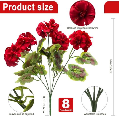 lovemoon 8 Pcs Artificial Geranium Plant Realistic Silk Flowers for Outside UV Resistant Faux Geraniums Flowers for Indoor Outdoor Home Garden Office Decoration (8, Red) in Saudi Arabia